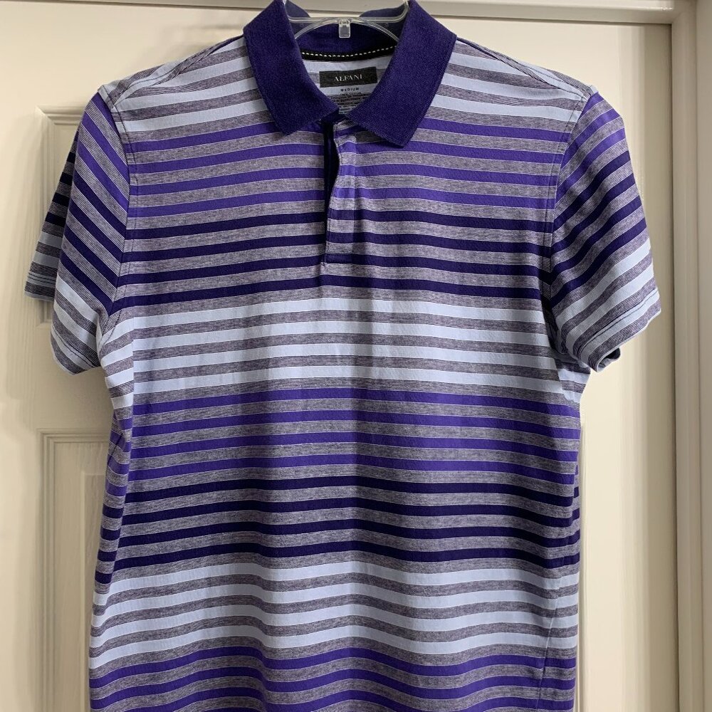 Alfani Men's Purple and Gray Striped Polo Shirt, Size Medium